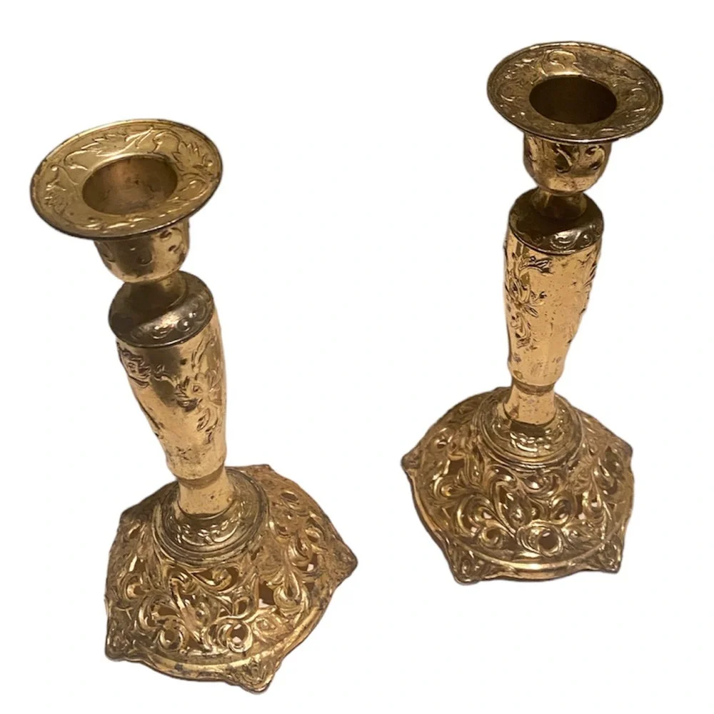 Vintage Candlesticks Set Candle Holders Ornate Cast Metal Brass Gold Filigree